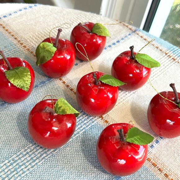 Set of 8 Vintage Faux Apple Christmas Ornaments – Glossy Red with Leaves - Picture 7 of 14